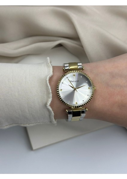 Çift Renk Gümüş-Gold Taşlı Minimal Tasarım Ferrucci Kadın Kol Saati