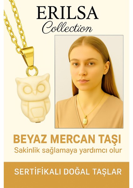 Sertifikalı Baykuş Model Beyaz Mercan Taşı Kolye – Bilgelik, Saflık ve Ruhsal Koruma Taşı