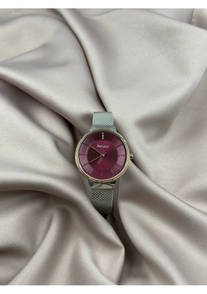 Gümüş Hasır Kordon Bordo Kadranlı Taşlı Minimal Ferrucci Kadın Saati