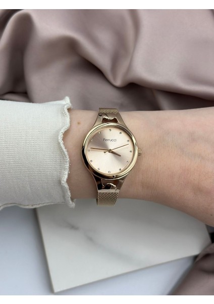 Rose Gold Hasır Kordon Taşlı Minimalist Ferrucci Kadın Saati
