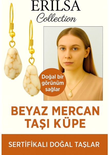 Sertifikalı Altın Renkli Beyaz Mercan Taşı Küpe – Saflık, Huzur ve Zarif Enerji Taşı