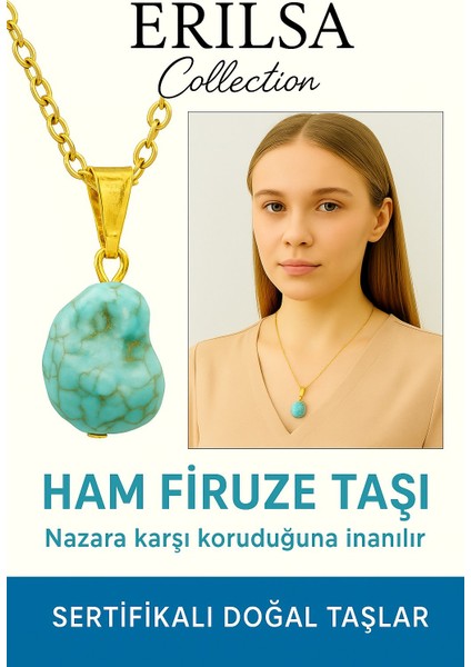 Sertifikalı Altın Renkli Ham Işlenmemiş Firuze (Turkuaz) Kolye – Koruma, Şans ve Ruhsal Huzur Taşı