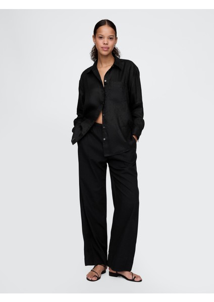 Kadın Siyah Keten Karışımlı Easy Wide Leg Pantolon