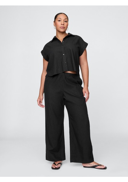 Kadın Siyah Keten Karışımlı Easy Wide Leg Pantolon fırsatları