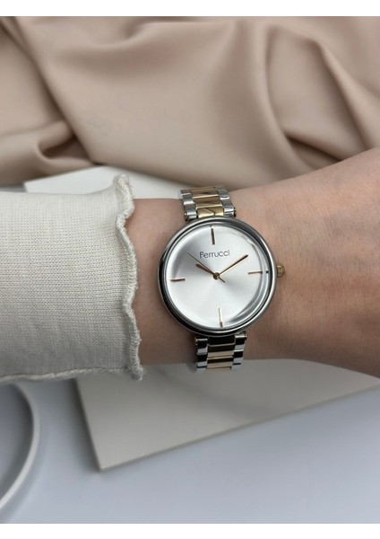 Çift Renk Gümüş-Rose Gold Minimalist Tasarım Ferrucci Kadın Kol Saati