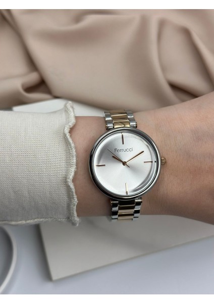 Çift Renk Gümüş-Rose Gold Minimalist Tasarım Ferrucci Kadın Kol Saati fiyatları