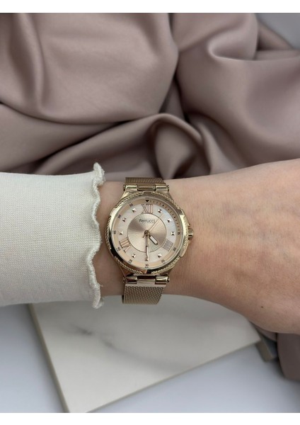Rose Gold Hasır Kordon Hologram Kadranlı Spor Tasarım Ferrucci Kadın Saati