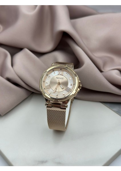 Rose Gold Hasır Kordon Hologram Kadranlı Spor Tasarım Ferrucci Kadın Saati fırsatları