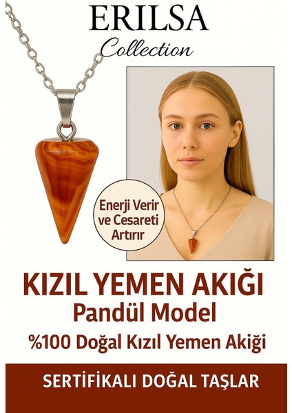 Sertifikalı Pandül Model Kızıl Yemen Akiği Kolye – Nazar ve Karşıtı Koruma Taşı