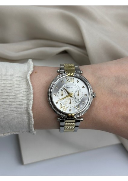 Çift Renk Gümüş-Gold Burgu Desenli Taşlı Tasarım Ferrucci Kadın Kol Saati