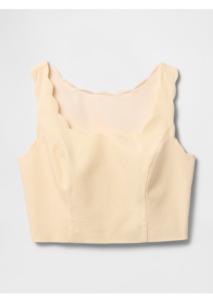 Kadın Bej Keten Karışımlı Crop Askılı Bluz