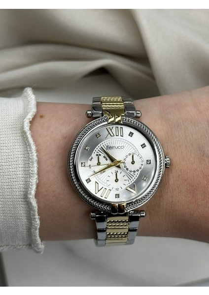Çift Renk Gümüş-Gold Burgu Desenli Taşlı Tasarım Ferrucci Kadın Kol Saati fiyatları