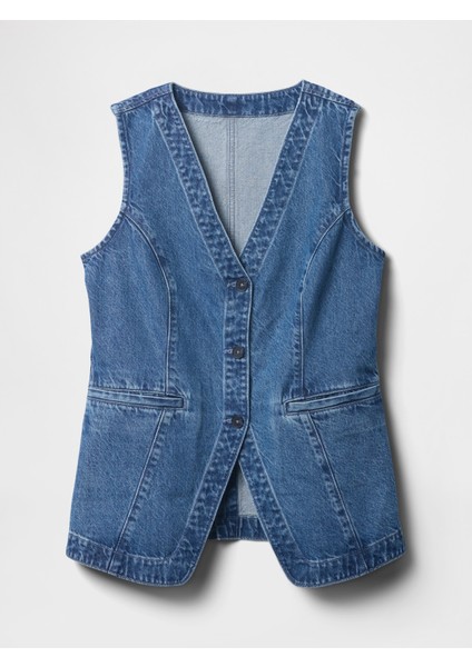 Kadın Mavi Longline Denim Yelek