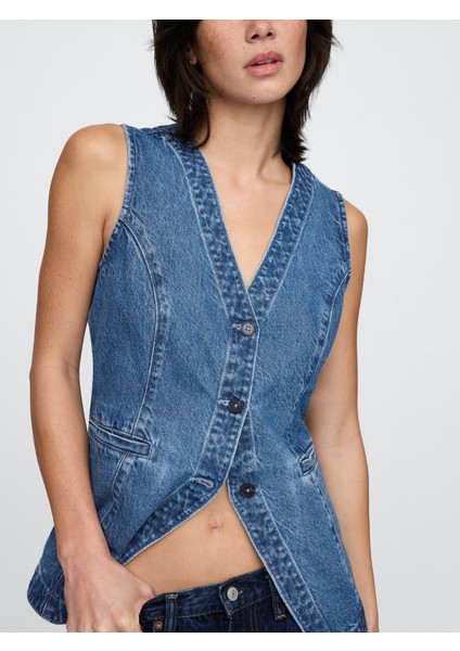 Kadın Mavi Longline Denim Yelek