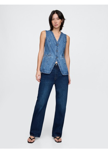 Kadın Mavi Longline Denim Yelek