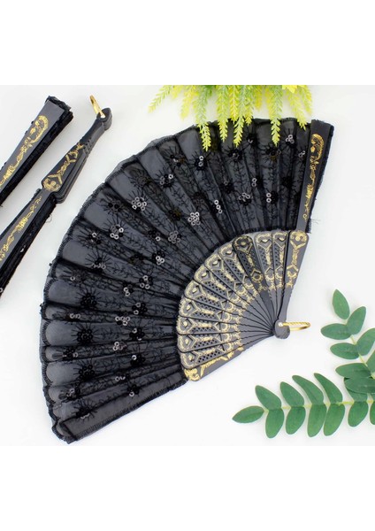 Plastik Pullu Kumaş Yelpaze 12'li Siyah - MBN1886-2230