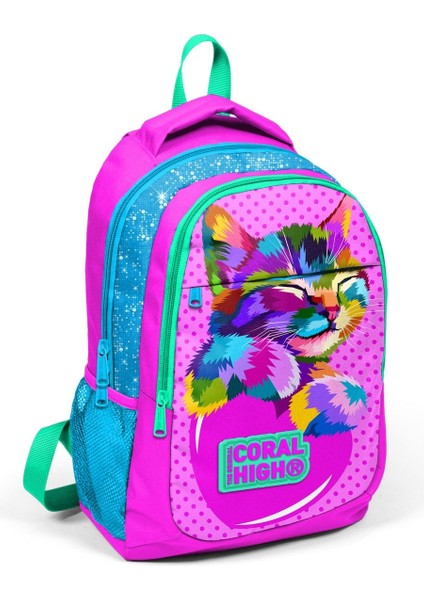 Pembe Simli Kedi Desenli Üç Bölmeli Okul Çantası Ve Iki Bölmeli Kalem Çantası 2'Li Set