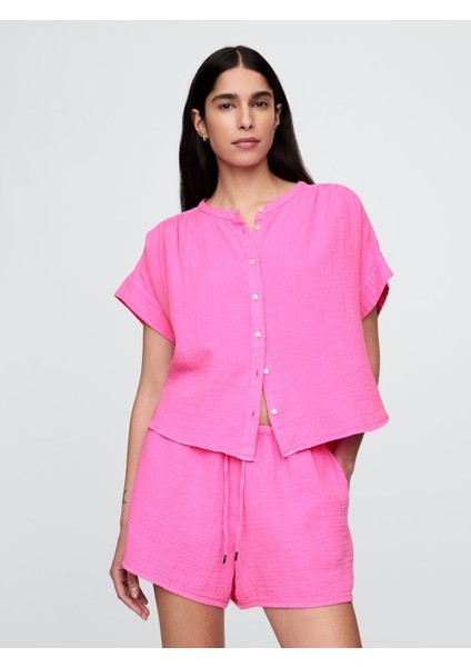 Kadın Pembe Crinkle Gauze Gömlek