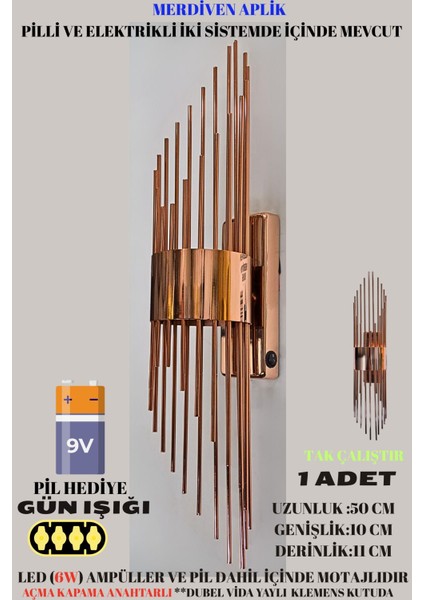 Merdiven Rose, Pilli Aplik, Anahtarlı, Pilli Elektrikli 1 Adet , Ledli Duvar Aplik