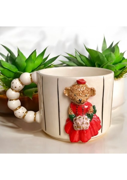 El Yapımı Gerçek 24K Altın Dekorlu Gelin Kırmızı Teddy Kupa
