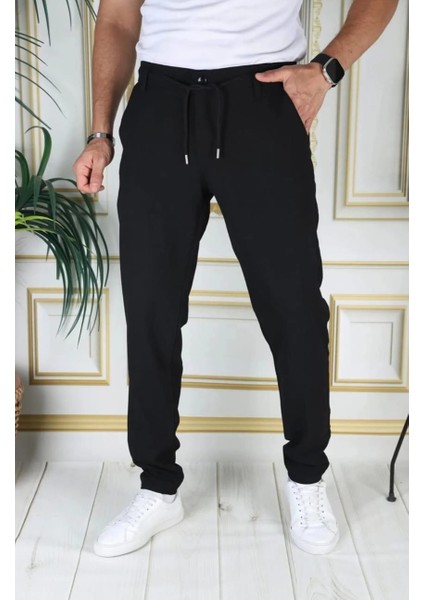 Erkek Bej Italyan Kesim Kaliteli Esnek Slim Fit Likralı Lastikli Ipli Şık Koton Kumaş Pantolon