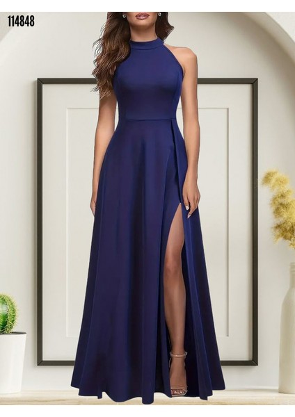 Halter Yaka Yırtmaçlı Krep Abiye Elbise