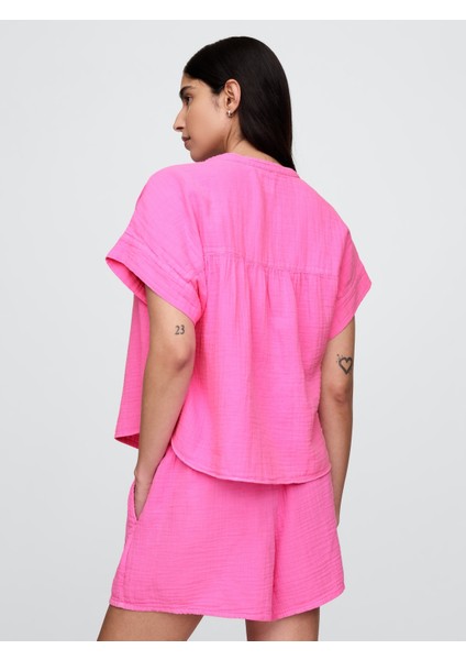 Kadın Pembe Crinkle Gauze Gömlek