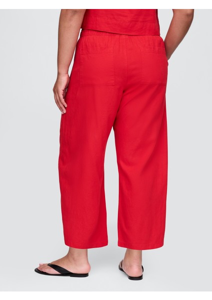 Kadın Kırmızı Mid Rise Keten Karışımlı Barrel Pantolon modelleri