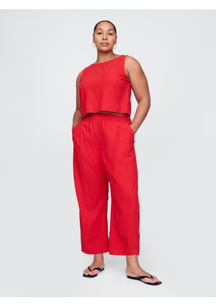 Kadın Kırmızı Mid Rise Keten Karışımlı Barrel Pantolon fırsatları