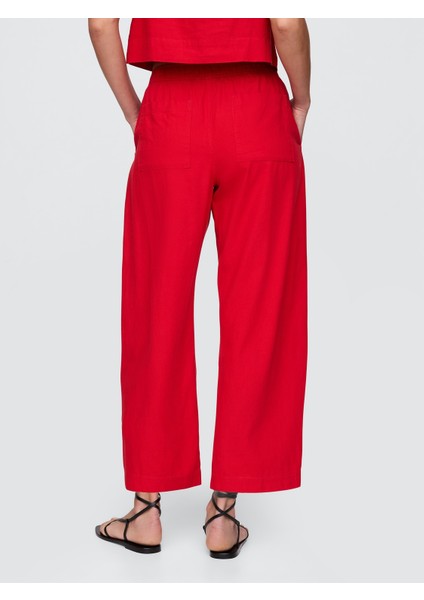 Kadın Kırmızı Mid Rise Keten Karışımlı Barrel Pantolon indirimleri