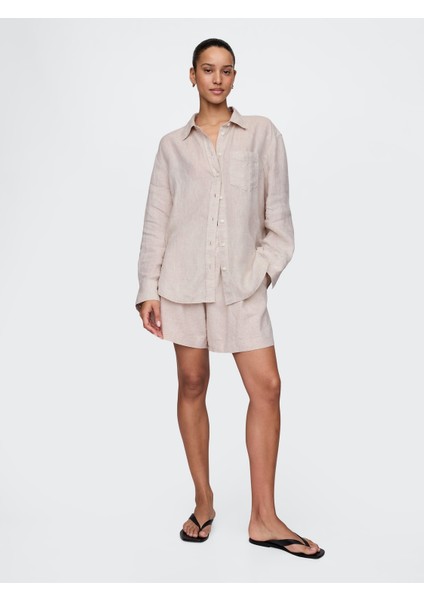 Kadın Bej 365 High Rise Keten Karışımlı Şort