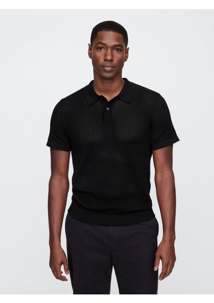 Erkek Siyah Polo Yaka Ribana T-Shirt