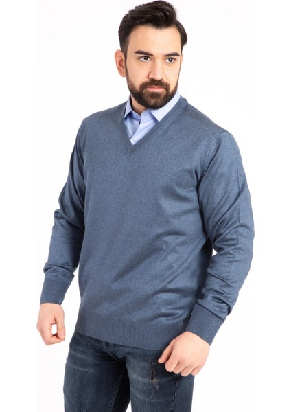 Erkek Ince Yün Triko Örgü Regular Baba V Yaka Kazak 5130