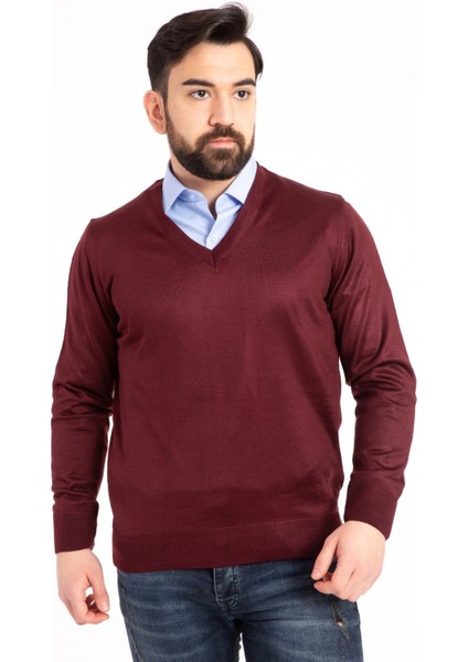 Erkek Ince Yün Triko Örgü Regular Baba V Yaka Kazak 5130