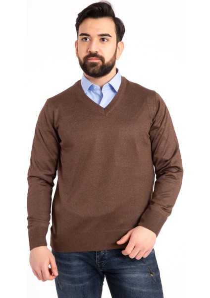 Erkek Ince Yün Triko Örgü Regular Baba V Yaka Kazak 5130