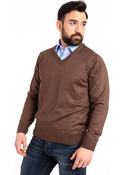 Erkek Ince Yün Triko Örgü Regular Baba V Yaka Kazak 5130 modelleri