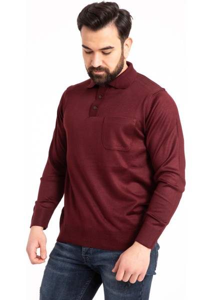 Erkek Ince Yün Triko Örgü Regular Kalıp Polo Yaka Baba Kazak Bluz 5015