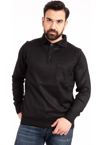Erkek Ince Yün Triko Örgü Regular Kalıp Polo Yaka Baba Kazak Bluz 5015