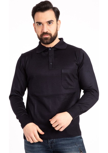 Erkek Ince Yün Triko Örgü Regular Kalıp Polo Yaka Baba Kazak Bluz 5015