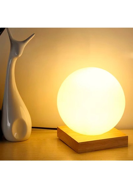 Küre Cam Gece Lambası Ahşap Taban Abajur