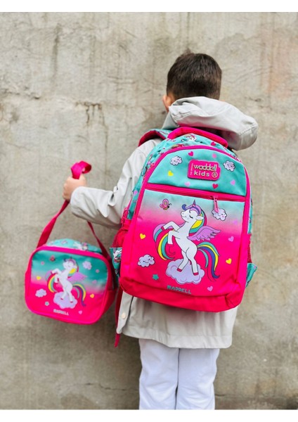 Waddell Lisanslı Fuşya Mint Unicorn Desenli Kız Çocuk Ilkokul Sırt Çantası Ve Beslenme Çantası