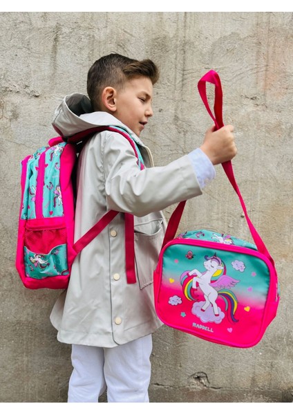 Waddell Lisanslı Fuşya Mint Unicorn Desenli Kız Çocuk Ilkokul Sırt Çantası Ve Beslenme Çantası
