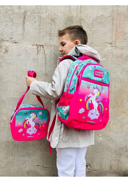 Waddell Lisanslı Fuşya Mint Unicorn Desenli Kız Çocuk Ilkokul Sırt Çantası Ve Beslenme Çantası