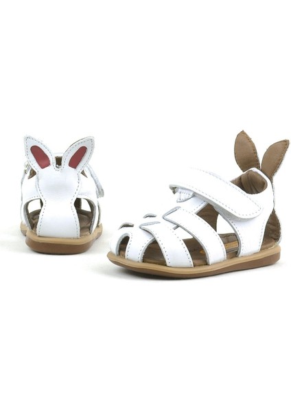 Bunny Hakiki Deri Beyaz Cırtlı Bebek Sandalet