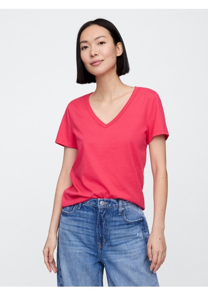 Kadın Kırmızı V Yaka T-Shirt