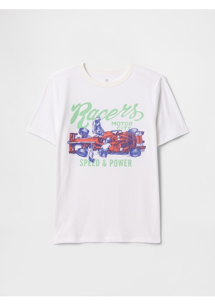 Erkek Çocuk Kırık Beyaz Grafikli T-Shirt