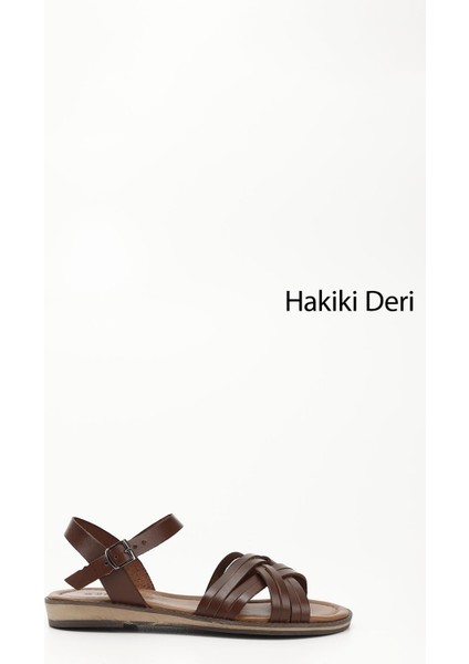 Kadın Kahverengi Çapraz Bantlı Hakiki Deri Sandalet