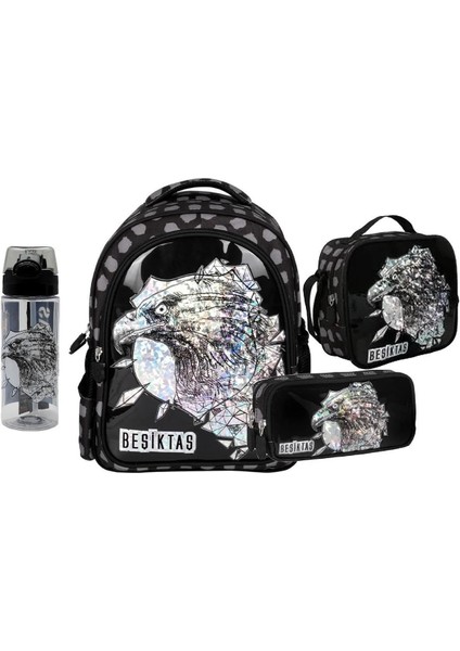 Beşiktaş 2 Bölmeli Kartal Baskılı Okul Sırt Çanta Seti 4 Lü Set