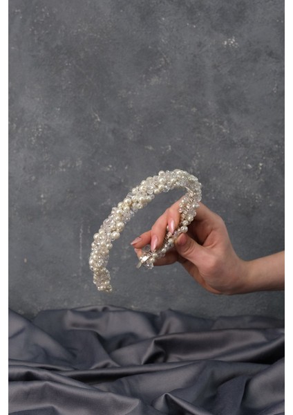 Yogun İncili Kristal Boncuklu Gelin Tacı