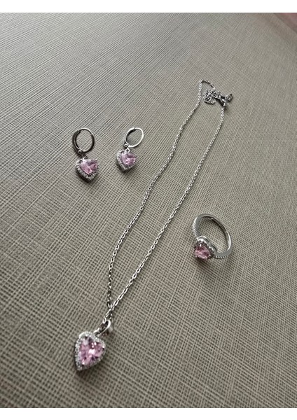 Zirkon Taşlı Çelik Kolye, Yüzük, Küpe Set